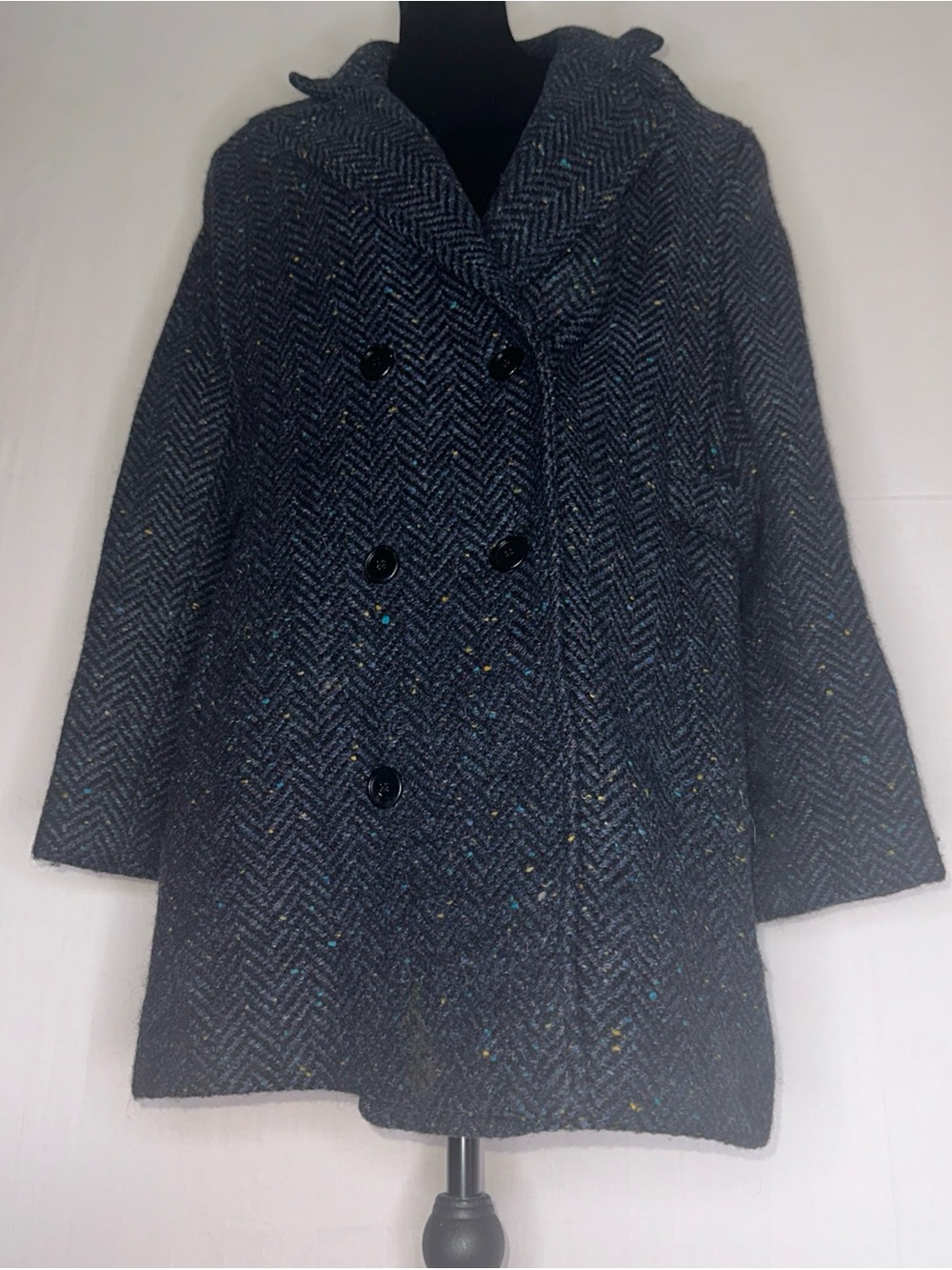 Double-Breasted Navy Tweed Pea Coat with Hood- 100% New Wool